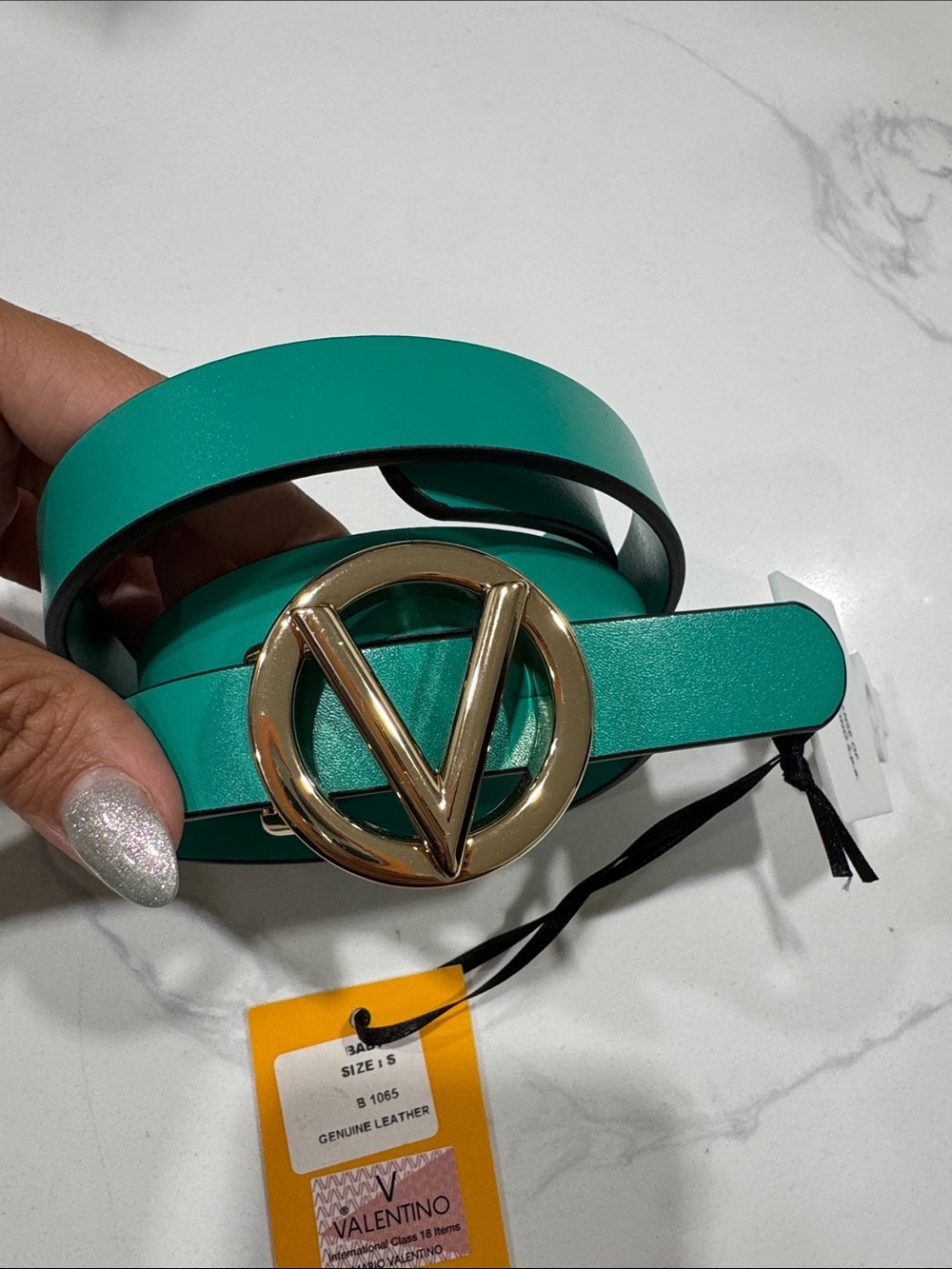 Mario Valentino Teal Leather Belt with Gold V Buckle